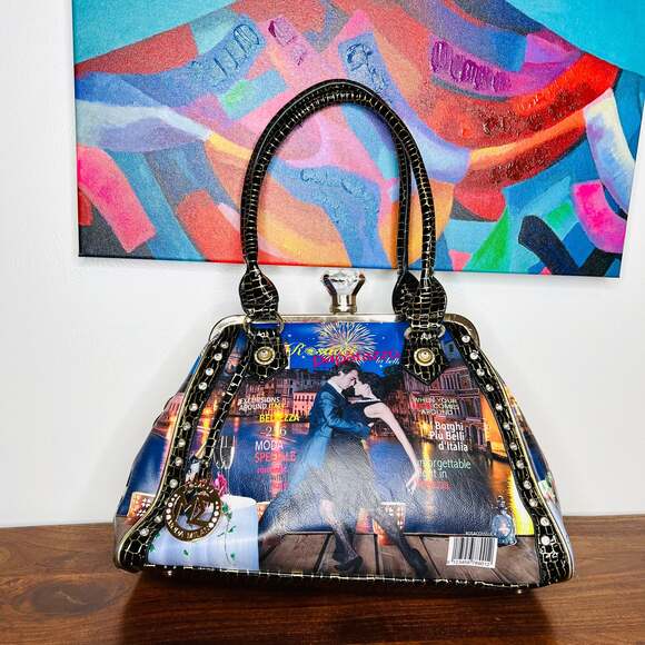 Rosacci Moda Milano Handbags - Rosacci Moda Milano Vintage-Style Frame Bag, Italian Magazine Motif